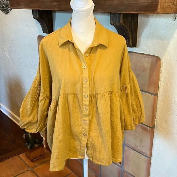 ARKITECT Cala de la Cruz Mustard Cotton Blouse, L! - Picture 1 of 8